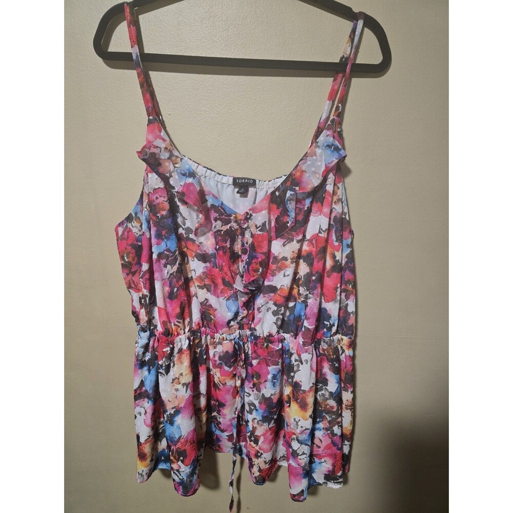 Torrid Size 4 4X Floral Chiffon Clip Dot Ruffle Tie Waist Tank Top Blouse